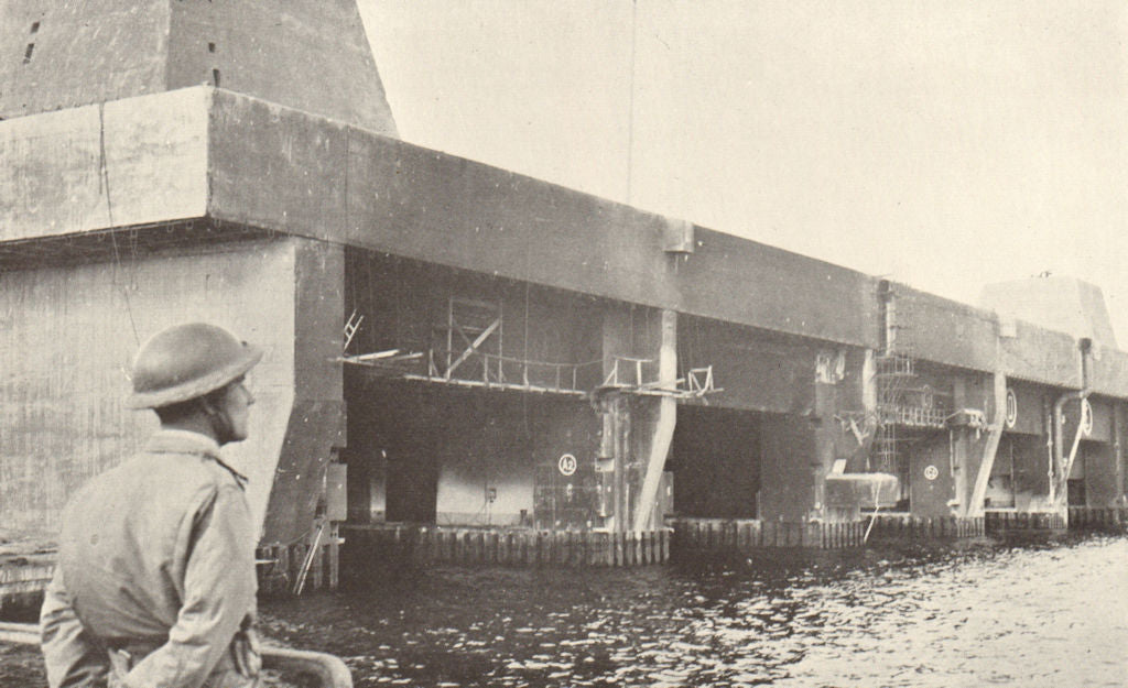 U-boat pens at Brest. World War 2. Bunkers. Battle of the Atlantic 1954 print